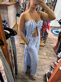 Conjunto de pantalón y camisón abierto de rayas