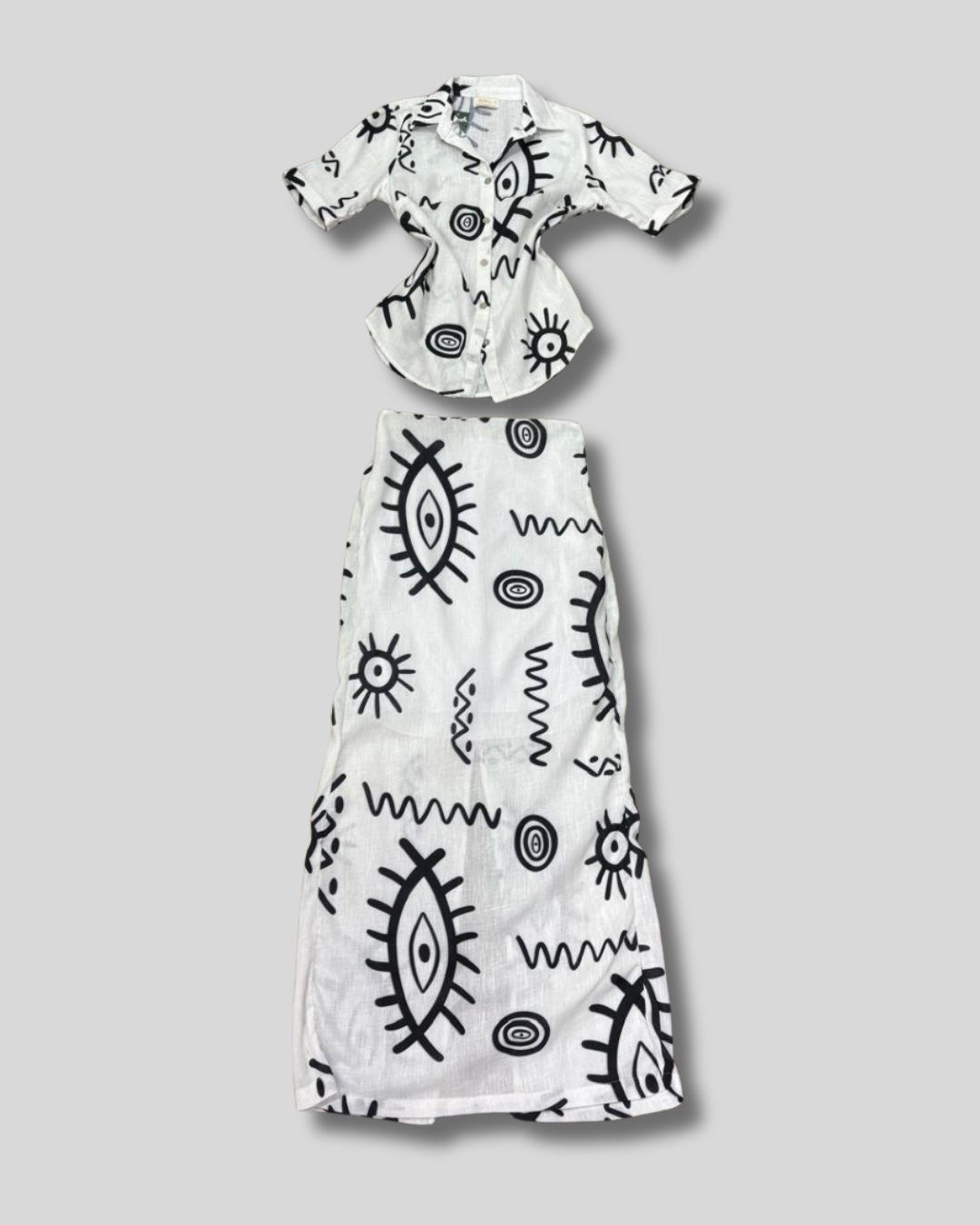 Conjunto colombiano de falda larga y camisa de ojos turcos